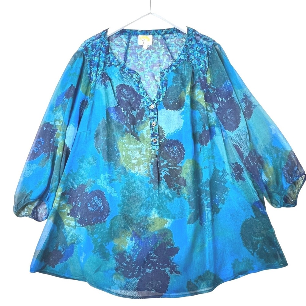 Fig and Flower Floral Peasant Blouse Blue 2X Sheer Boho Henley Top